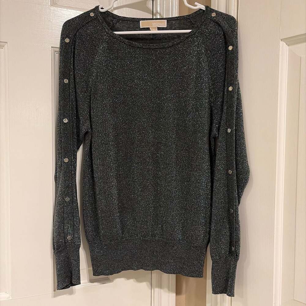 MICHAEL Michael Kors Women Black Metallic Button Sleeve Sweater Size M